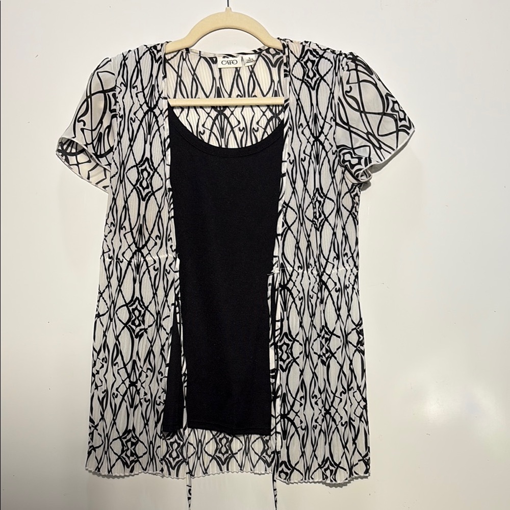 Cato Black White Geometric Layered Blouse Women's Small Short Sleeve Top